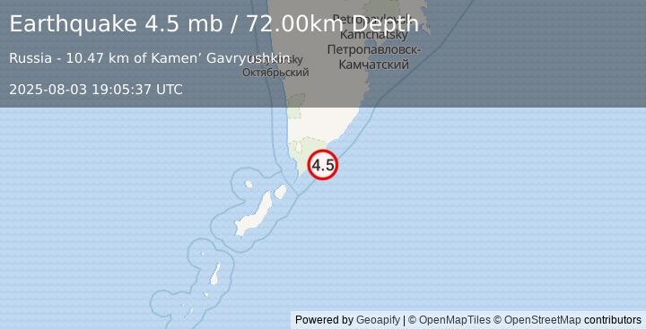 Earthquake NEAR EAST COAST OF KAMCHATKA (4.5 mb) (2025-08-03 19:05:37 UTC)