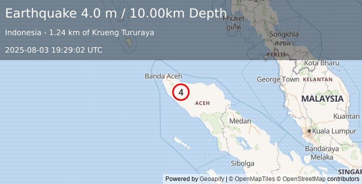 Earthquake NORTHERN SUMATRA, INDONESIA (4.0 m) (2025-08-03 19:29:02 UTC)