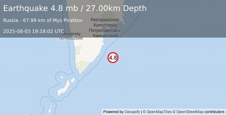 Earthquake OFF EAST COAST OF KAMCHATKA (4.8 mb) (2025-08-03 19:18:02 UTC)