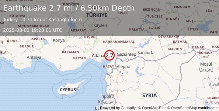 Earthquake TURKEY-SYRIA BORDER REGION (2.7 ml) (2025-08-03 19:28:01 UTC)