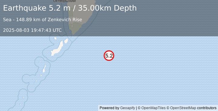 Earthquake EAST OF KURIL ISLANDS (5.1 mb) (2025-08-03 19:47:40 UTC)