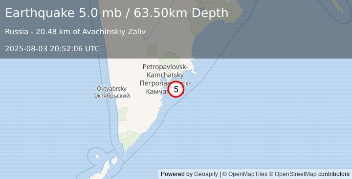 Earthquake OFF EAST COAST OF KAMCHATKA (5.2 m) (2025-08-03 20:51:59 UTC)