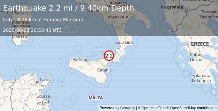 Earthquake SICILY, ITALY (2.2 ml) (2025-08-03 20:53:45 UTC)