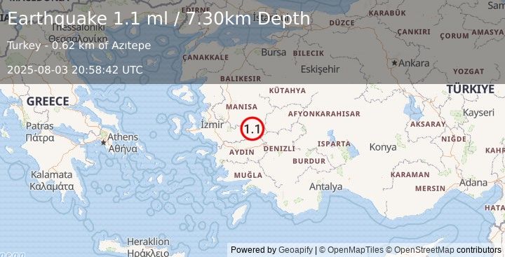 Earthquake WESTERN TURKEY (1.1 ml) (2025-08-03 20:58:42 UTC)