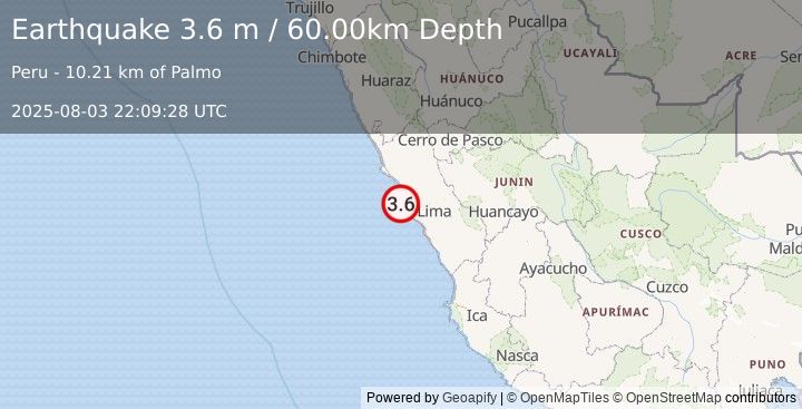 Earthquake NEAR COAST OF CENTRAL PERU (3.6 m) (2025-08-03 22:09:28 UTC)