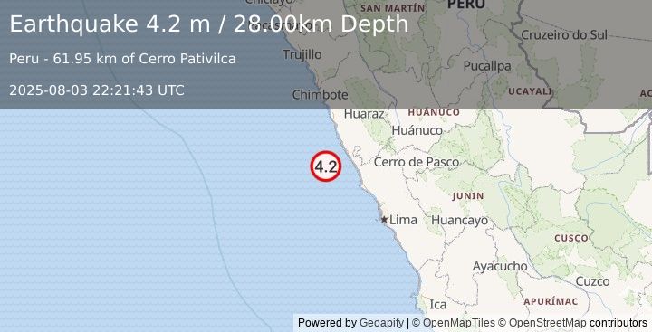 Earthquake NEAR COAST OF CENTRAL PERU (4.2 m) (2025-08-03 22:21:43 UTC)