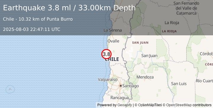 Earthquake OFFSHORE COQUIMBO, CHILE (3.8 ml) (2025-08-03 22:47:09 UTC)