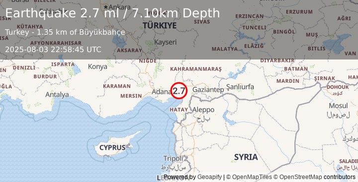 Earthquake CENTRAL TURKEY (2.7 ml) (2025-08-03 22:58:46 UTC)