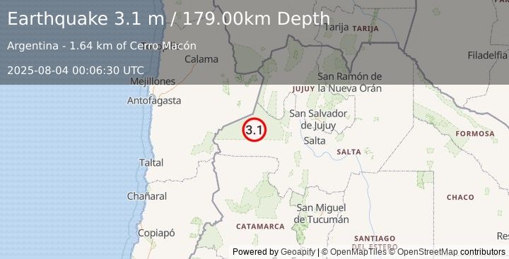 Earthquake SALTA, ARGENTINA (3.1 m) (2025-08-04 00:06:30 UTC)
