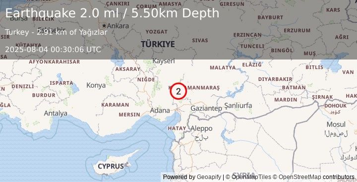 Earthquake CENTRAL TURKEY (2.0 ml) (2025-08-04 00:30:06 UTC)