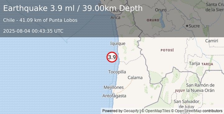 Earthquake OFFSHORE ANTOFAGASTA, CHILE (3.6 ml) (2025-08-04 00:43:36 UTC)