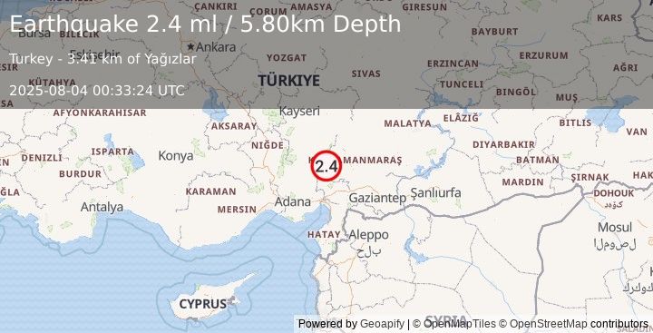 Earthquake CENTRAL TURKEY (2.5 ml) (2025-08-04 00:33:25 UTC)