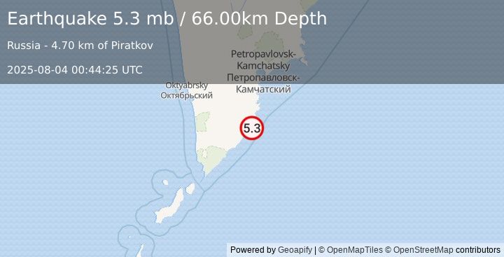 Earthquake NEAR EAST COAST OF KAMCHATKA (5.3 mb) (2025-08-04 00:44:25 UTC)