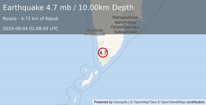 Earthquake KAMCHATKA PENINSULA, RUSSIA (4.7 mb) (2025-08-04 01:08:43 UTC)