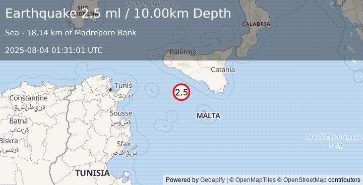 Earthquake CENTRAL MEDITERRANEAN SEA (2.5 ml) (2025-08-04 01:31:01 UTC)