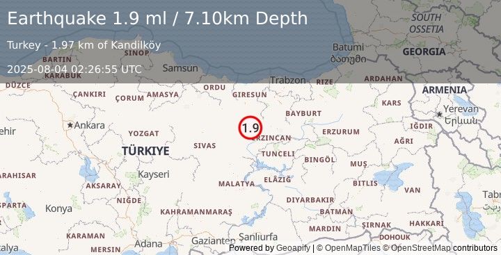 Earthquake EASTERN TURKEY (1.9 ml) (2025-08-04 02:26:55 UTC)
