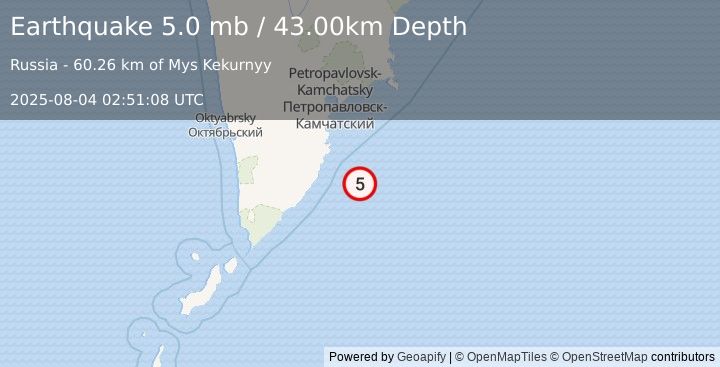 Earthquake OFF EAST COAST OF KAMCHATKA (4.9 mb) (2025-08-04 02:51:01 UTC)