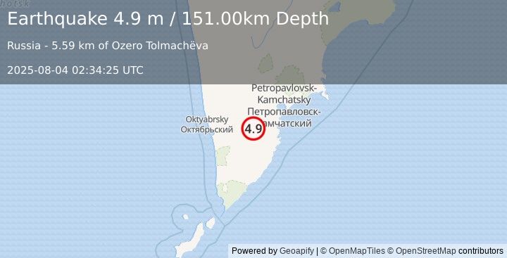 Earthquake KAMCHATKA PENINSULA, RUSSIA (4.9 m) (2025-08-04 02:34:25 UTC)