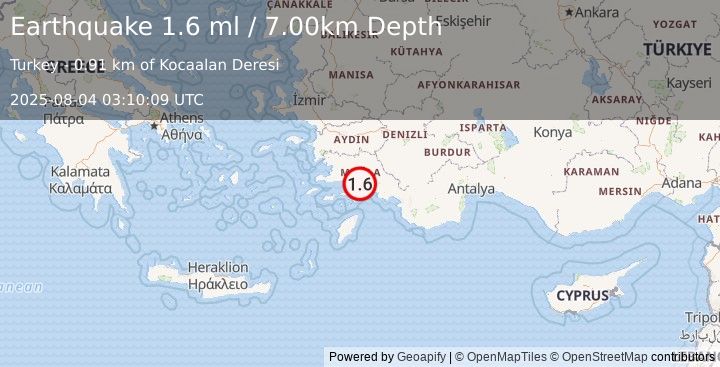 Earthquake DODECANESE IS.-TURKEY BORDER REG (1.6 ml) (2025-08-04 03:10:09 UTC)