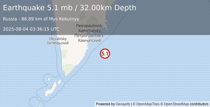 Earthquake OFF EAST COAST OF KAMCHATKA (5.0 mb) (2025-08-04 03:36:11 UTC)