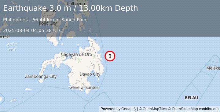 Earthquake PHILIPPINE ISLANDS REGION (3.0 m) (2025-08-04 04:05:38 UTC)