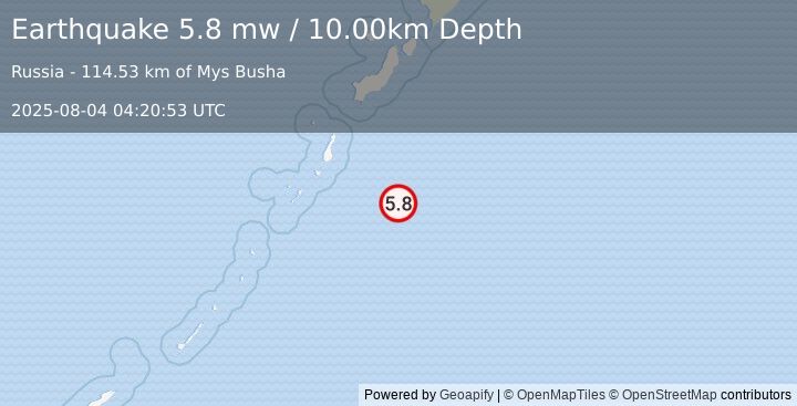 Earthquake EAST OF KURIL ISLANDS (6.2 mw) (2025-08-04 04:20:55 UTC)