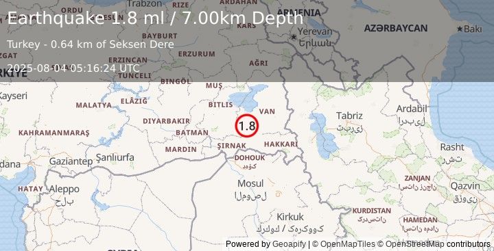 Earthquake TURKEY-IRAQ BORDER REGION (1.8 ml) (2025-08-04 05:16:24 UTC)