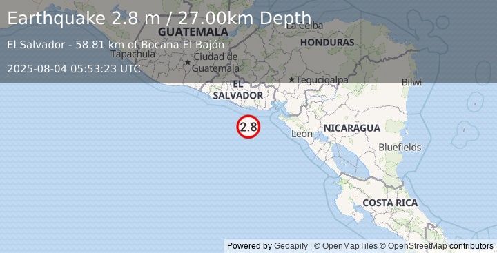 Earthquake OFFSHORE EL SALVADOR (2.8 m) (2025-08-04 05:53:23 UTC)