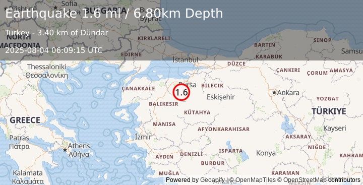 Earthquake WESTERN TURKEY (1.6 ml) (2025-08-04 06:09:15 UTC)