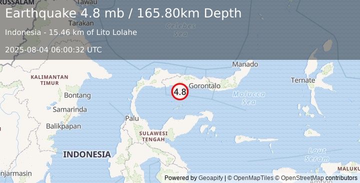 Earthquake MINAHASA, SULAWESI, INDONESIA (4.8 mb) (2025-08-04 06:00:34 UTC)
