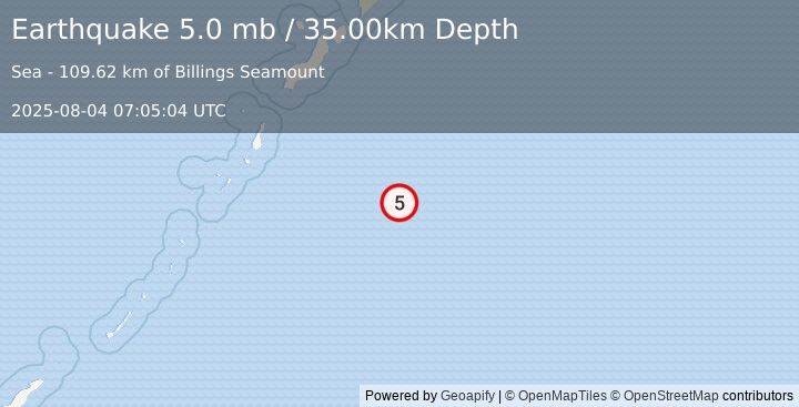 Earthquake EAST OF KURIL ISLANDS (5.0 mb) (2025-08-04 07:05:04 UTC)