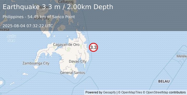 Earthquake MINDANAO, PHILIPPINES (3.3 m) (2025-08-04 07:32:22 UTC)