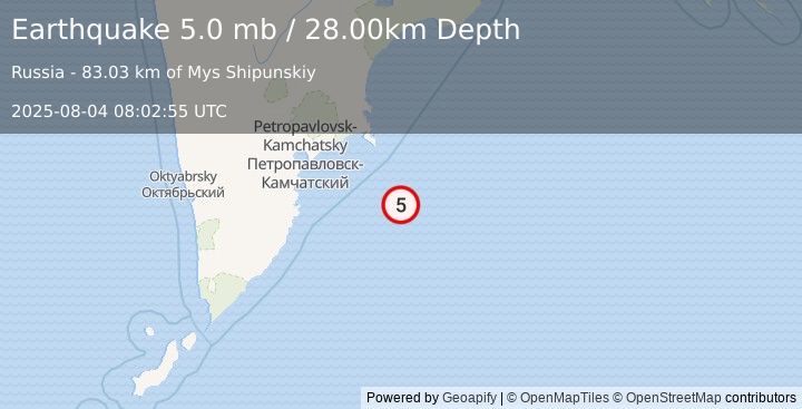 Earthquake OFF EAST COAST OF KAMCHATKA (5.0 mb) (2025-08-04 08:02:55 UTC)