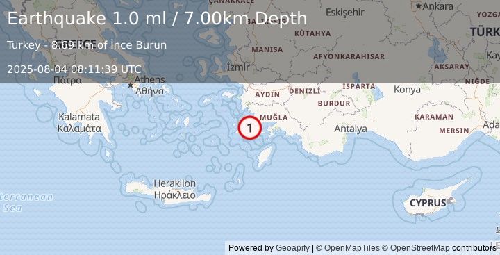 Earthquake DODECANESE IS.-TURKEY BORDER REG (1.0 ml) (2025-08-04 08:11:39 UTC)