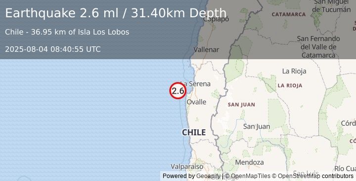 Earthquake OFFSHORE COQUIMBO, CHILE (2.6 ml) (2025-08-04 08:40:55 UTC)