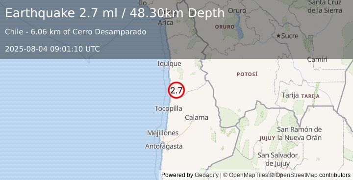 Earthquake TARAPACA, CHILE (2.7 ml) (2025-08-04 09:01:10 UTC)