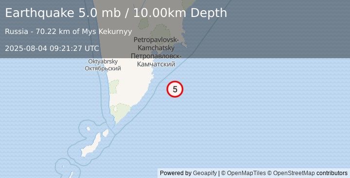 Earthquake OFF EAST COAST OF KAMCHATKA (5.0 mb) (2025-08-04 09:21:27 UTC)