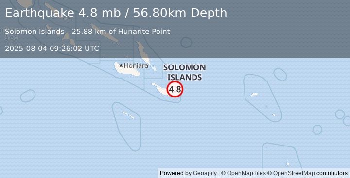 Earthquake SOLOMON ISLANDS (4.8 mb) (2025-08-04 09:26:02 UTC)