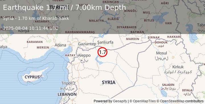 Earthquake TURKEY-SYRIA BORDER REGION (1.7 ml) (2025-08-04 10:11:44 UTC)