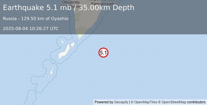 Earthquake EAST OF KURIL ISLANDS (4.9 mb) (2025-08-04 10:26:23 UTC)