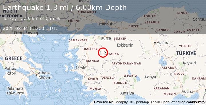 Earthquake WESTERN TURKEY (1.3 ml) (2025-08-04 11:20:01 UTC)