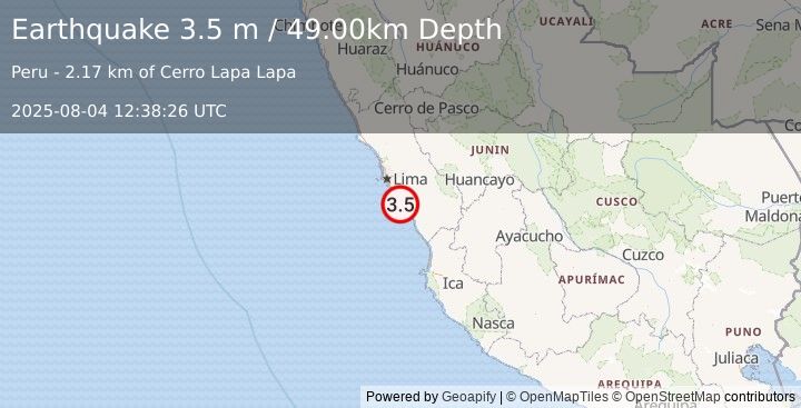 Earthquake NEAR COAST OF CENTRAL PERU (3.5 m) (2025-08-04 12:38:26 UTC)