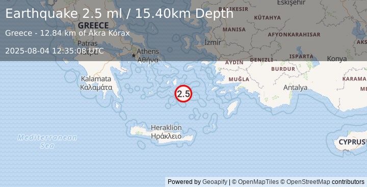 Earthquake DODECANESE ISLANDS, GREECE (2.5 ml) (2025-08-04 12:35:08 UTC)