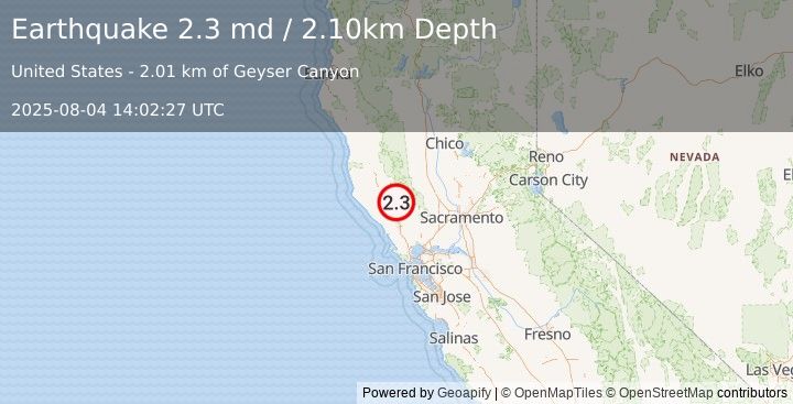 Earthquake NORTHERN CALIFORNIA (2.3 md) (2025-08-04 14:02:27 UTC)