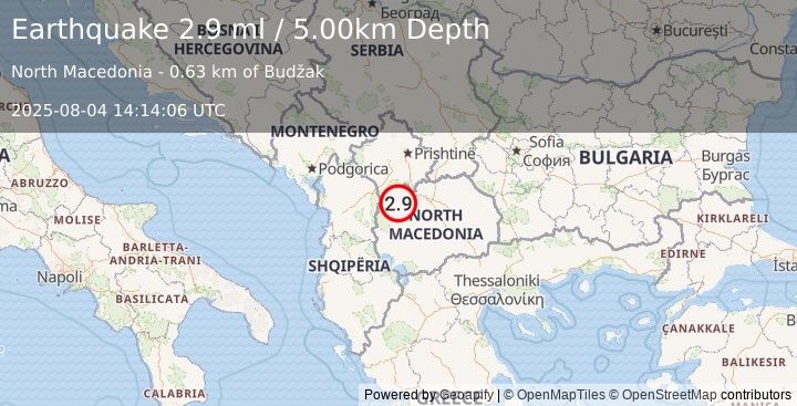 Earthquake REPUBLIC OF NORTH MACEDONIA (2.9 ml) (2025-08-04 14:14:06 UTC)