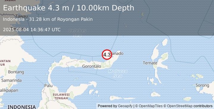 Earthquake MINAHASA, SULAWESI, INDONESIA (4.3 m) (2025-08-04 14:36:47 UTC)