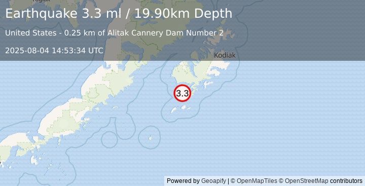 Earthquake KODIAK ISLAND REGION, ALASKA (3.3 ml) (2025-08-04 14:53:34 UTC)