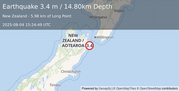Earthquake COOK STRAIT, NEW ZEALAND (3.4 m) (2025-08-04 15:24:49 UTC)