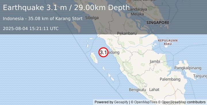 Earthquake SOUTHERN SUMATRA, INDONESIA (3.1 m) (2025-08-04 15:21:11 UTC)