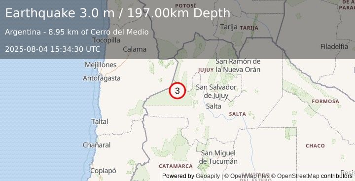Earthquake SALTA, ARGENTINA (3.0 m) (2025-08-04 15:34:30 UTC)